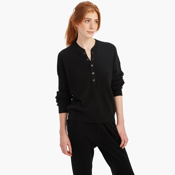 Naadam Cashmere Ribbed Henley in Black - Picture 1 of 6